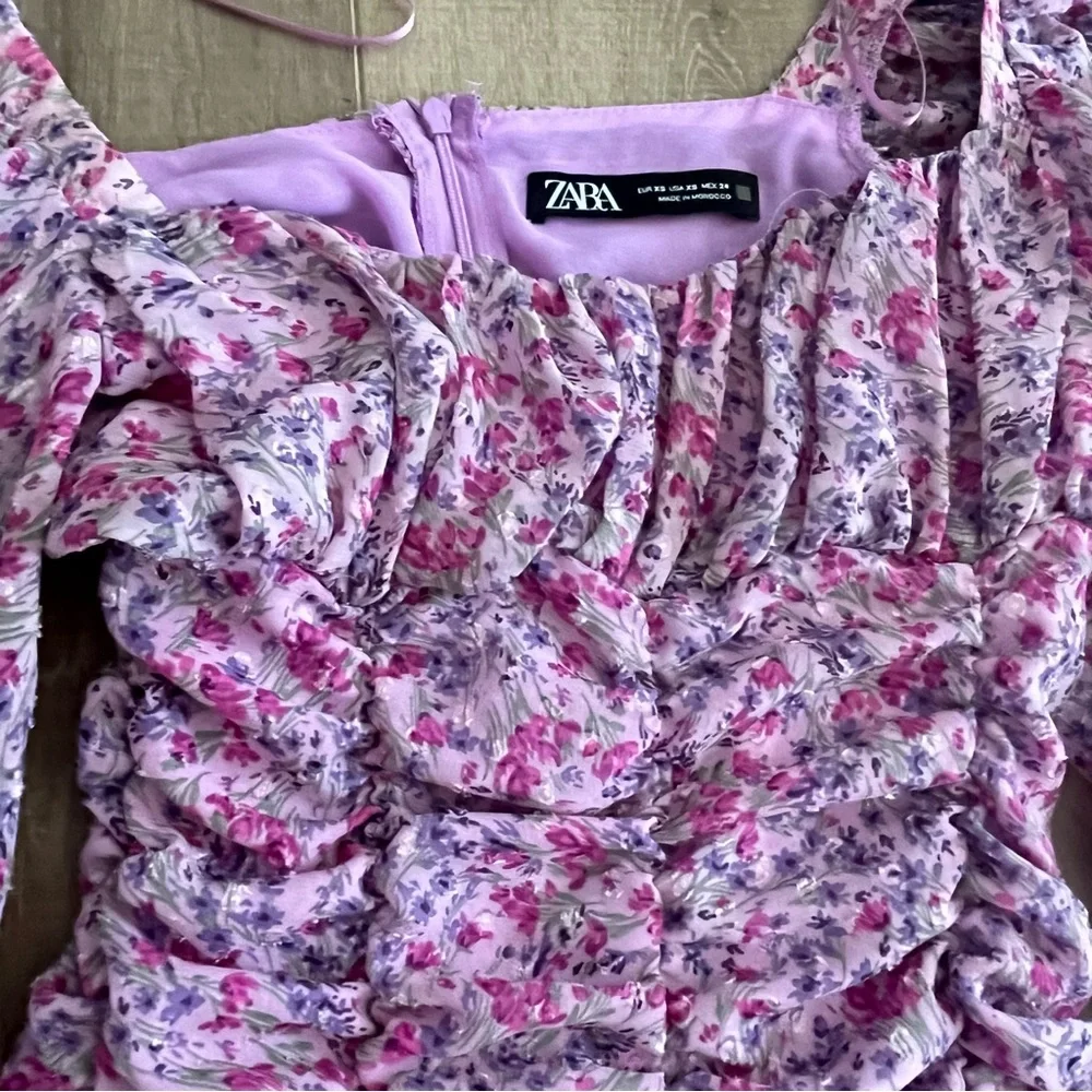 Zara Dress XS Mini Purple Floral Ruched‎ Chiffon Balloon Sleeves Elasticated - Picture 6 of 14